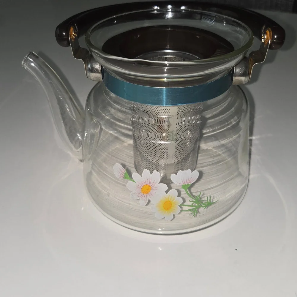 Vintage KJF Direct Heating Glass Teapot Floral Daisy Stainless Infuser Stovetop